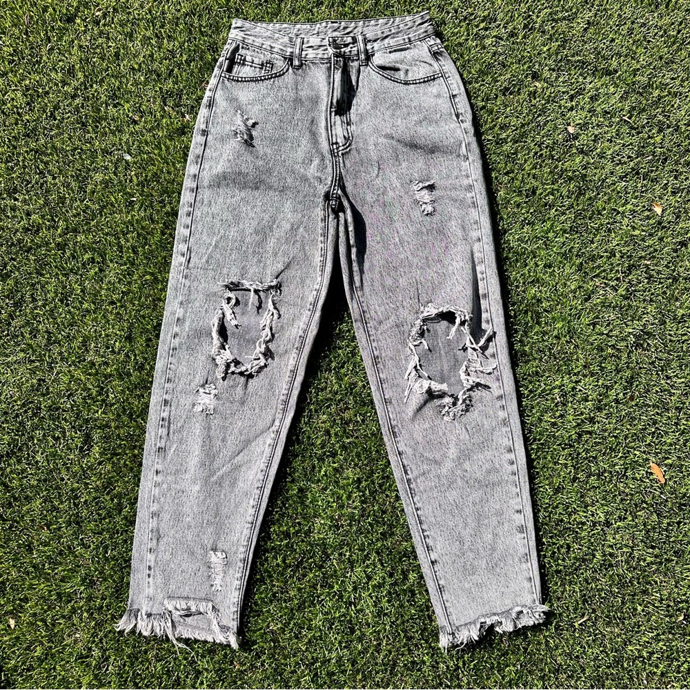 Shein Distressed Gray Black Straight Leg High Waisted Jeans